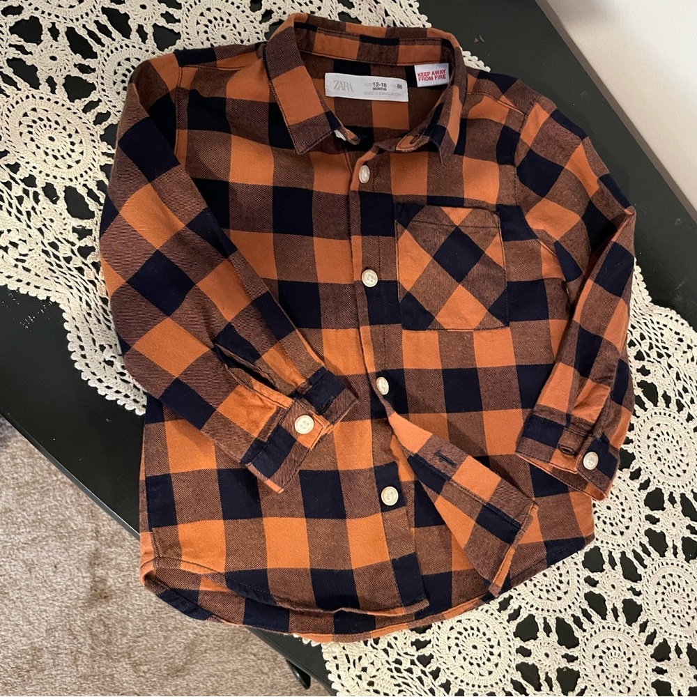 ZARA Baby Burnt Orange & Black Buffalo Check Long Sleeve Flannel 12-18 mos 86cm